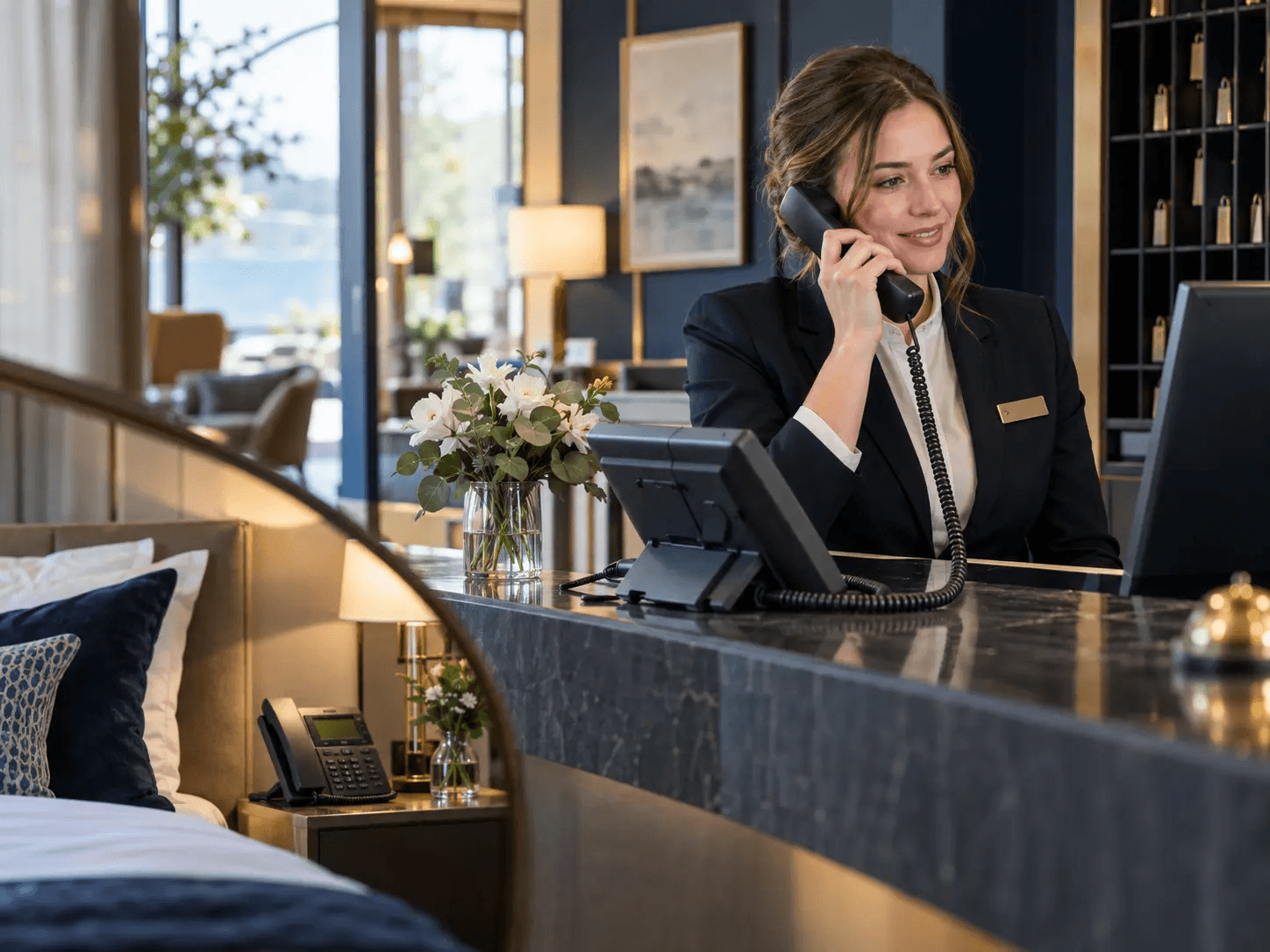 A hotel receptionist answering a modern IP desk phone