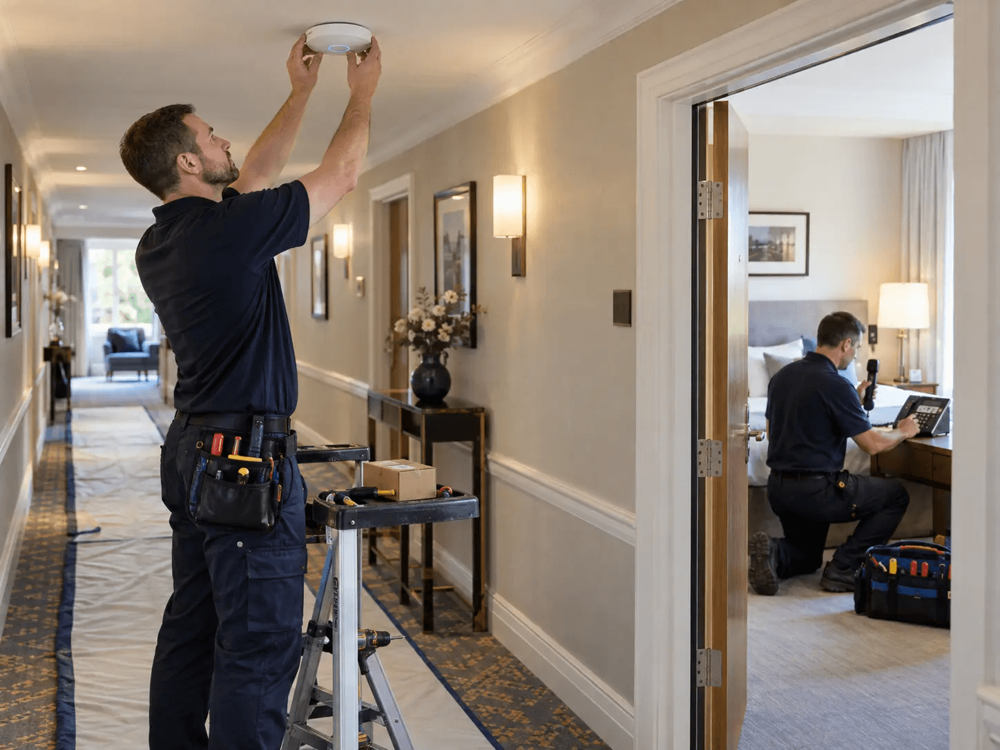 Engineers carefully installing hotel Wi-Fi and testing a guest-room telephone