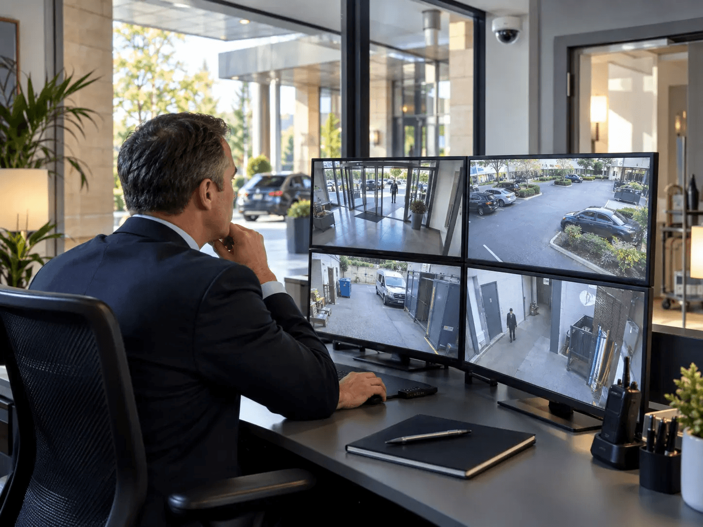 A hotel duty manager reviewing responsible CCTV coverage of operational areas