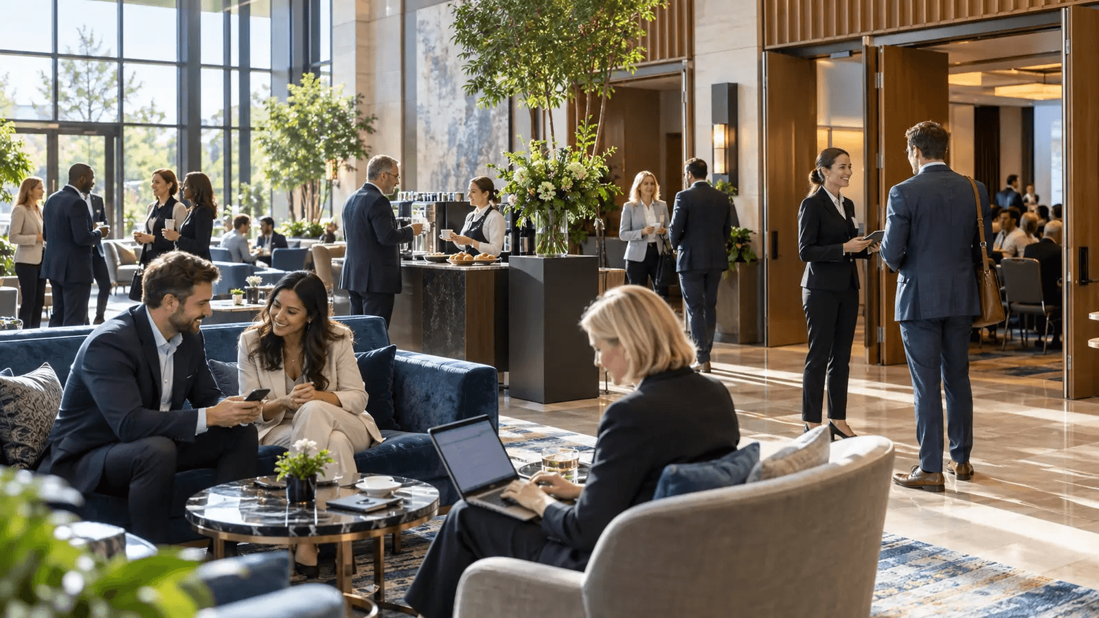 A busy hotel conference foyer operating smoothly during a daytime event