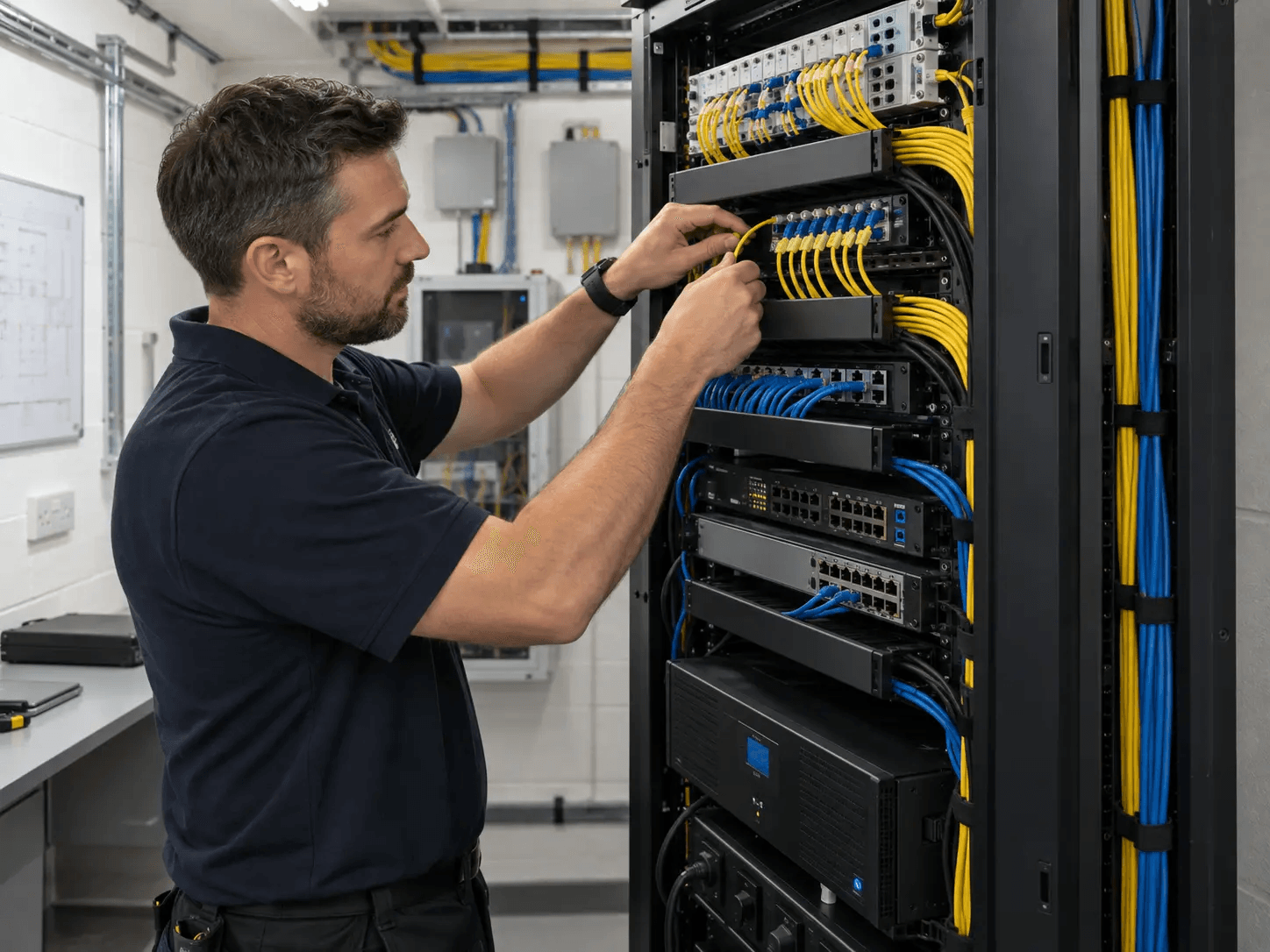 A network engineer completing a tidy hotel communications-room installation