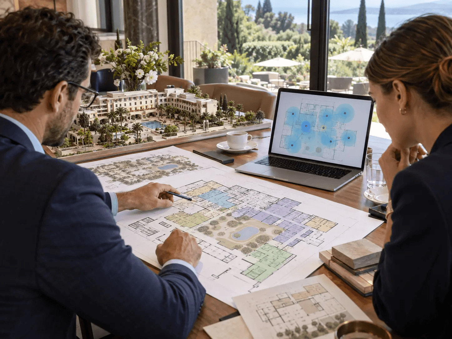 A network designer and hotel events manager planning wireless coverage from floor plans