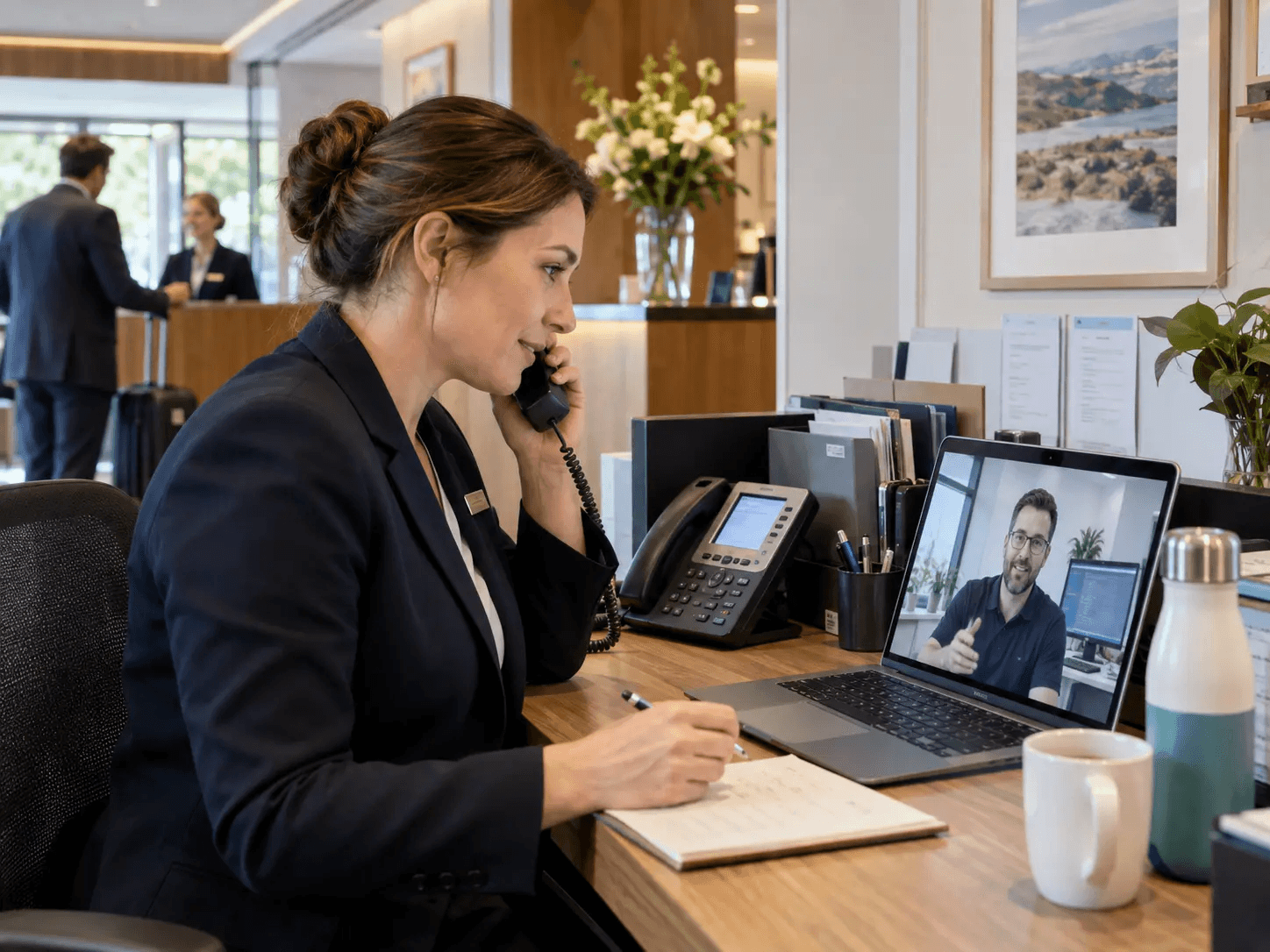 A hotel duty manager working with a remote support colleague after go-live
