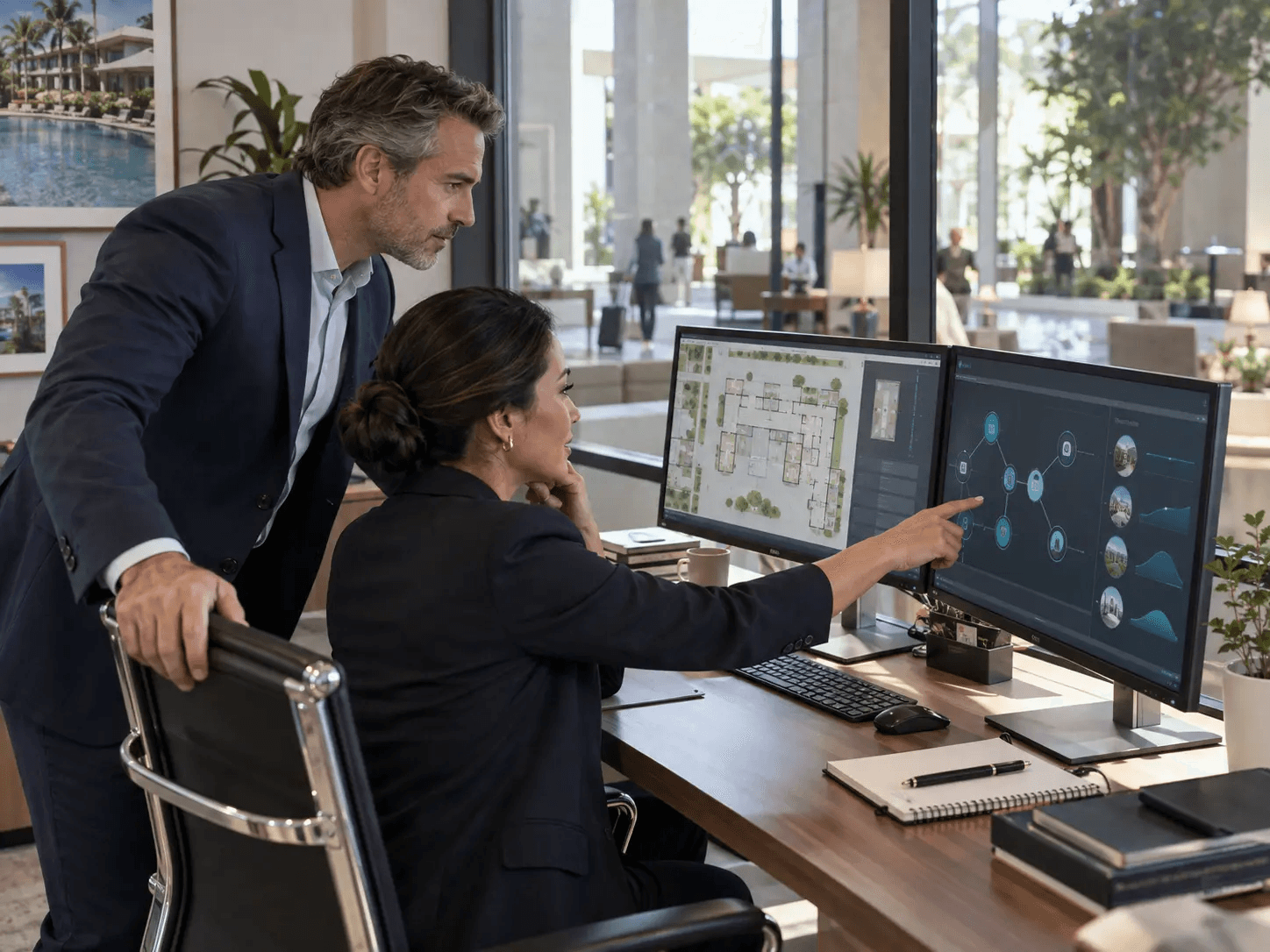 Hotel operations colleagues reviewing connected properties and service status