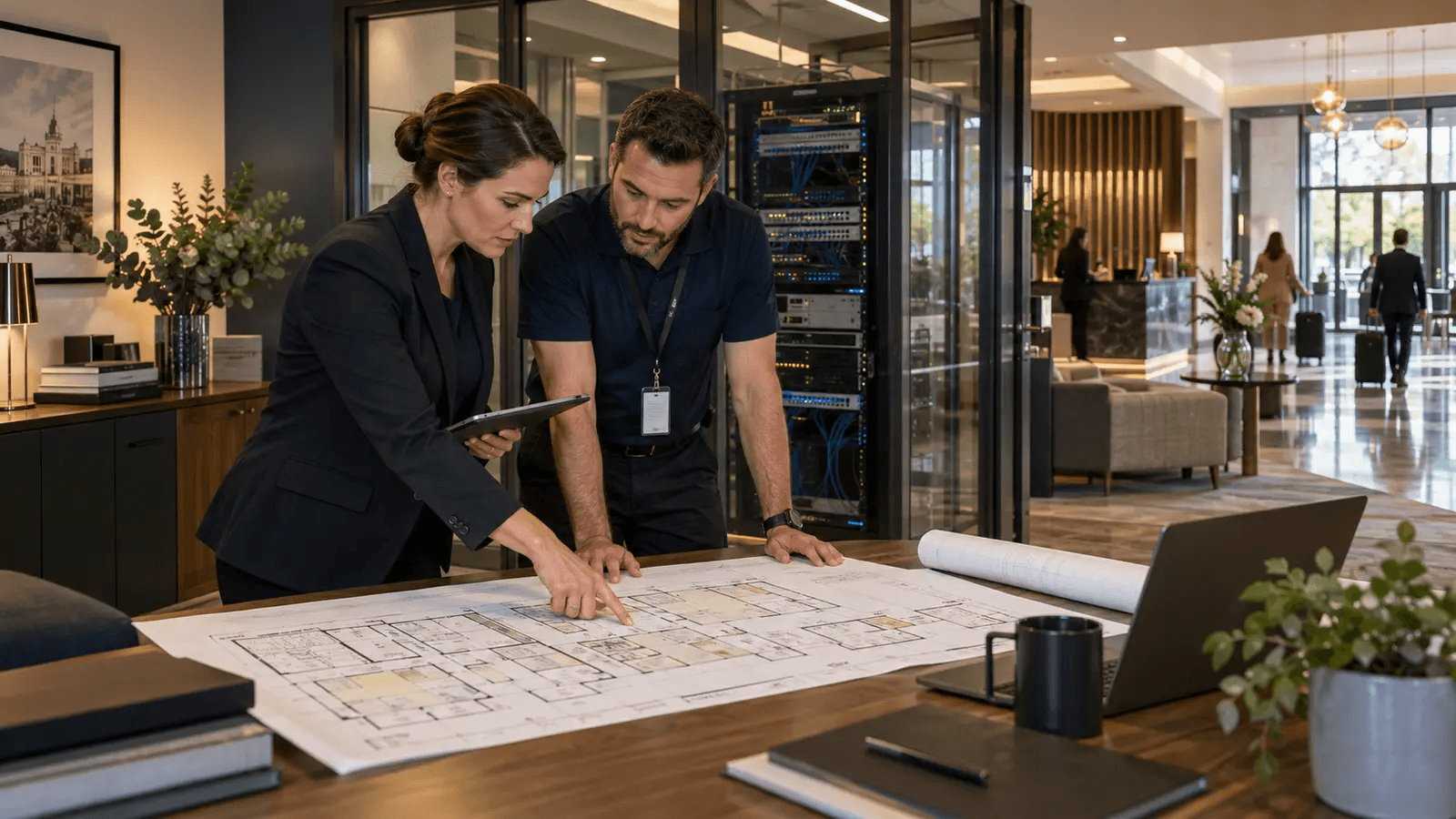 A hotel operations lead and network specialist joining floor plans, infrastructure and guest spaces into one design