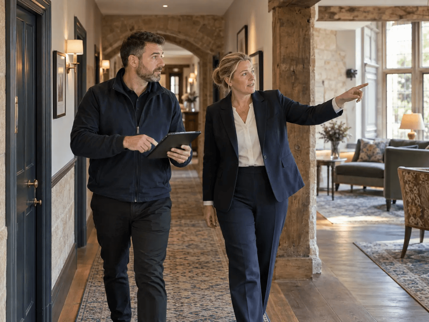A hotel manager and technology consultant surveying guest and operational spaces
