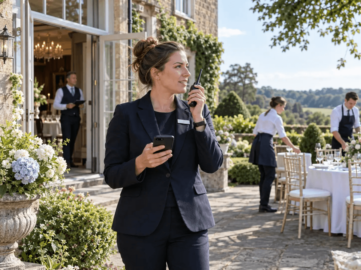 A hotel colleague coordinating an outdoor event from the hotel terrace