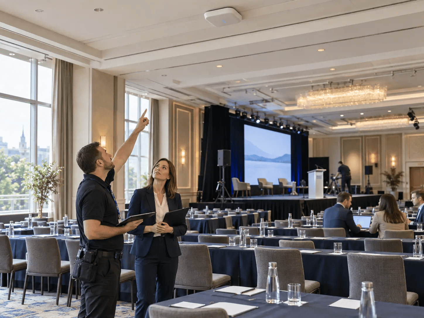 A hotel events manager and technician checking a conference suite before delegates arrive