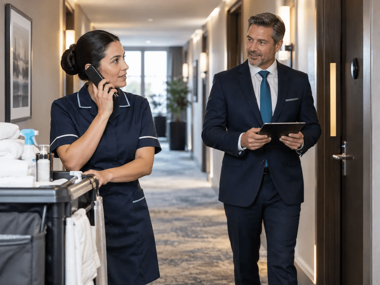 A hotel housekeeper and duty manager coordinating in a guest corridor
