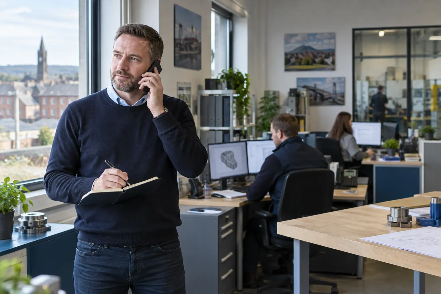 A local business owner speaking with Phone Guys in a bright regional workplace
