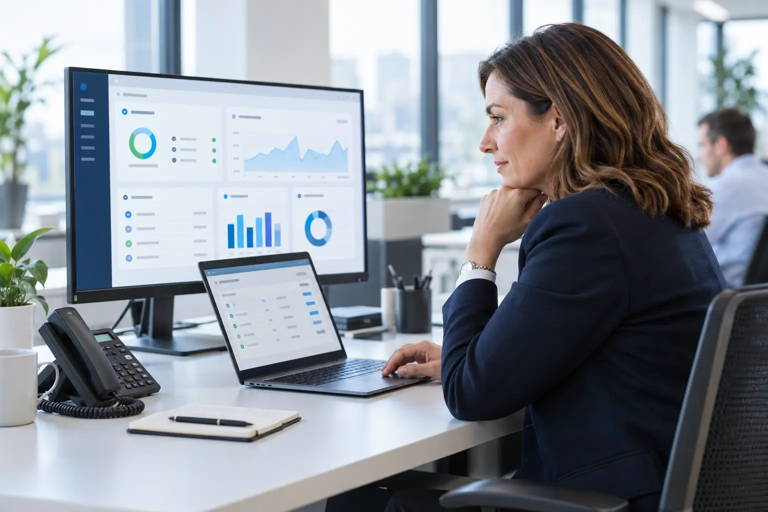 A customer reviewing services and account information in a bright secure workspace