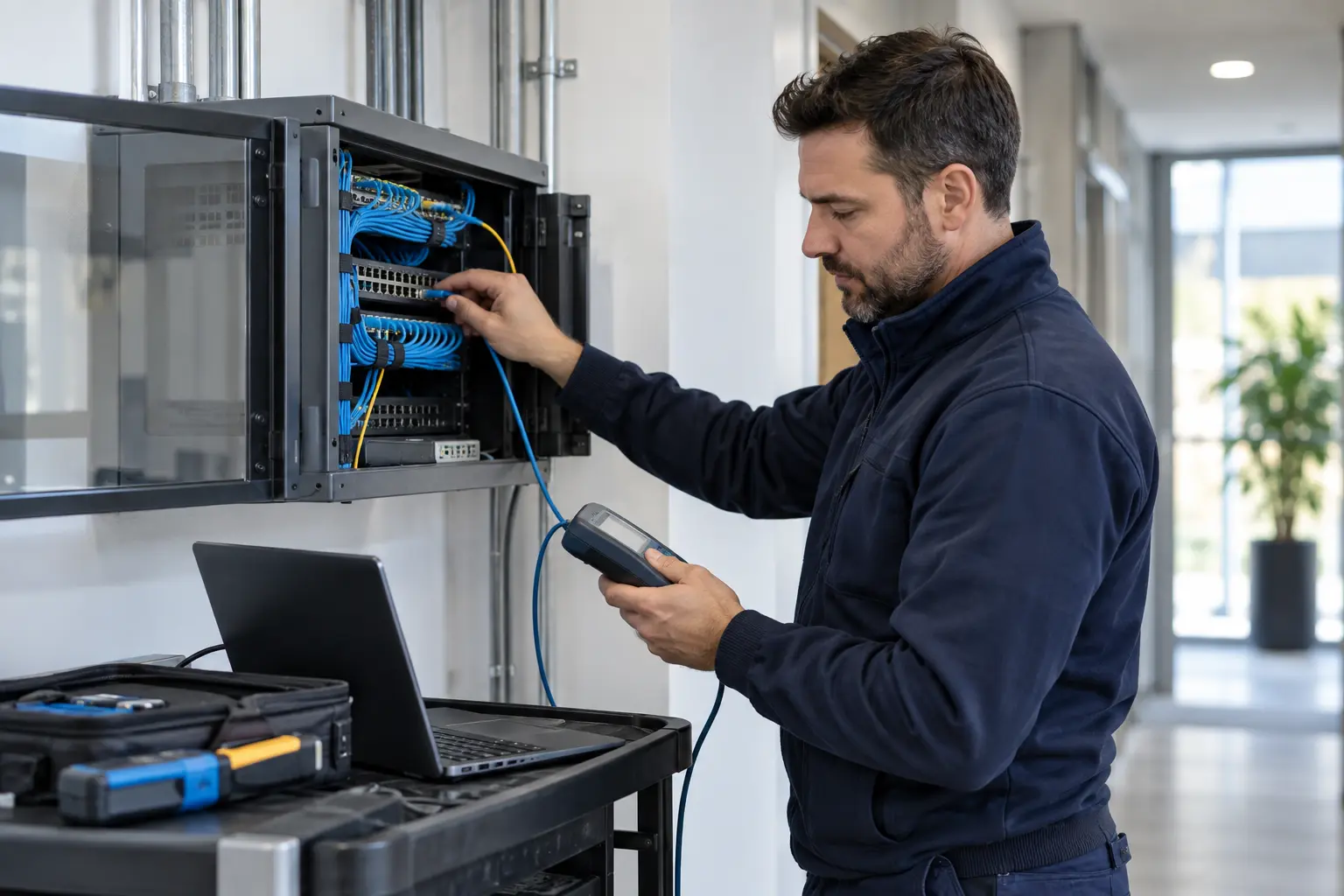 A Phone Guys engineer resolving an infrastructure issue on site