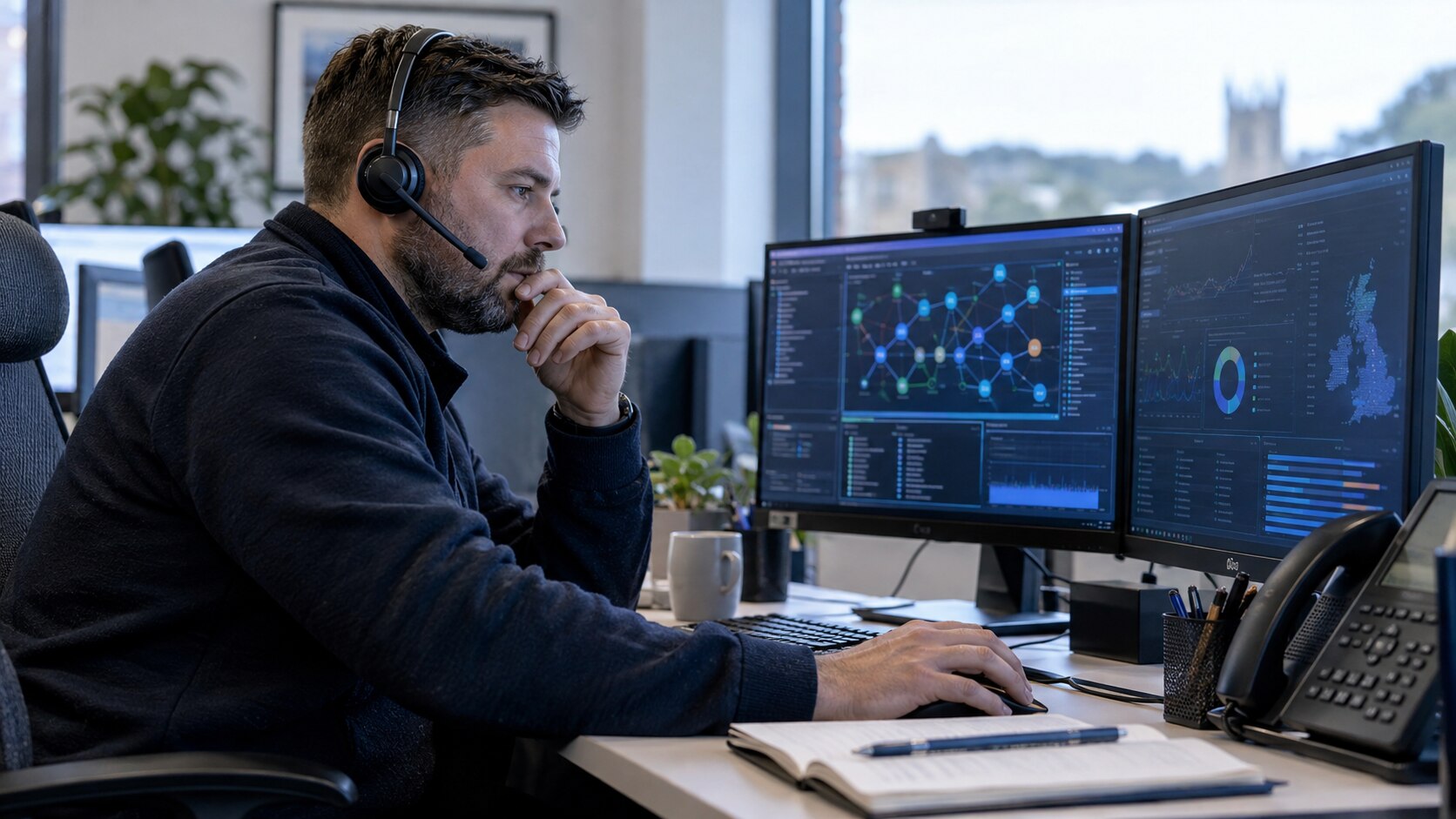 Technical support professional monitoring a business network