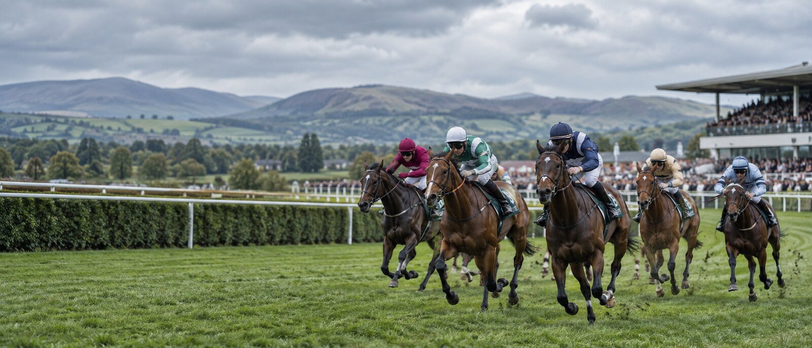 Horses racing past a busy grandstand during a major race day